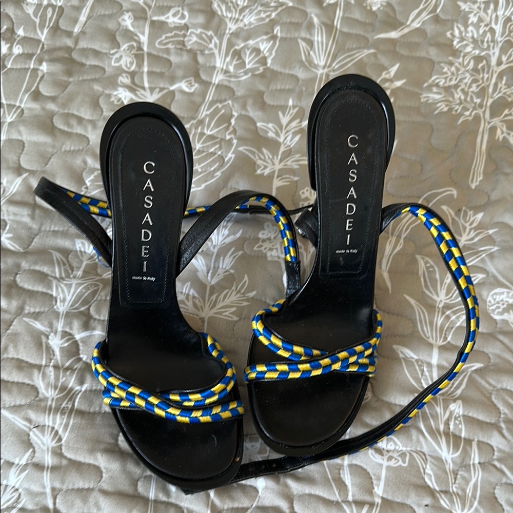 Casadei Black Heeled Sandals with Blue and Yellow Braided Straps